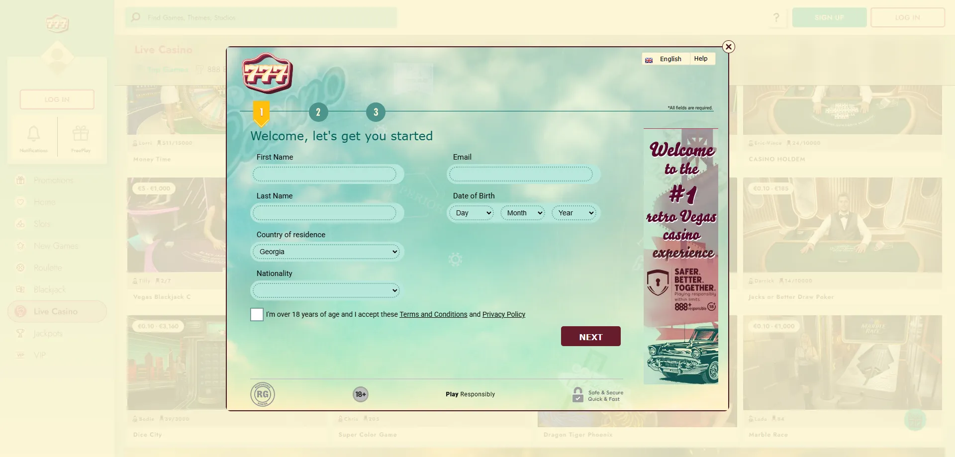 777 Casino registration page — quick sign up for real money play