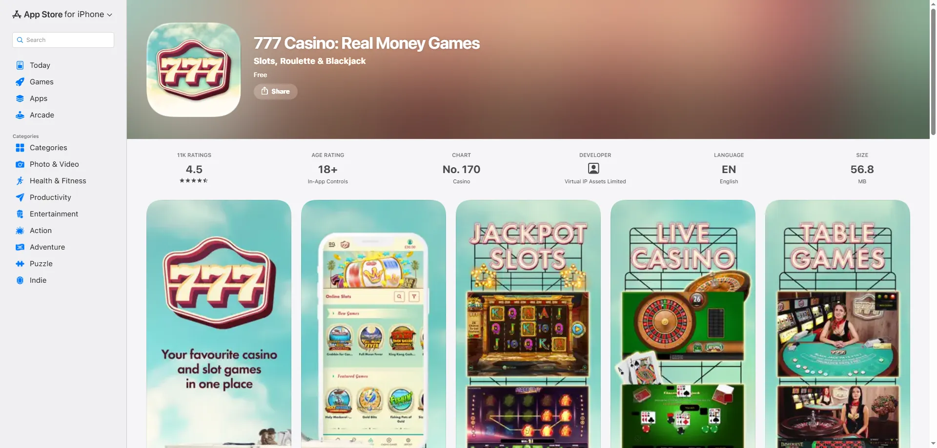 777 Casino slots and table games catalog — 3500+ titles available
